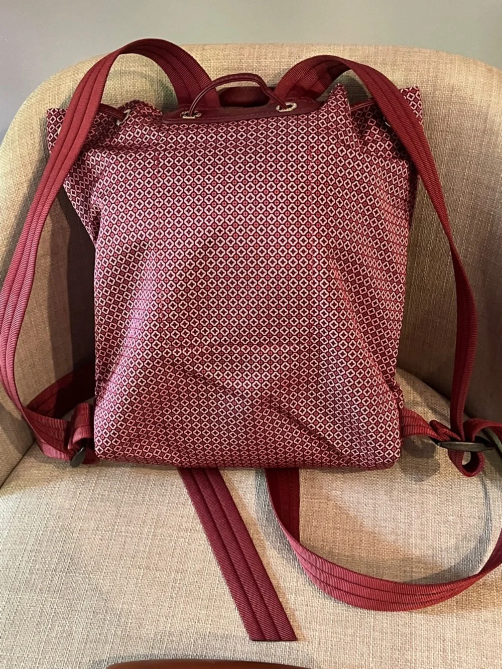 Longchamp Le Pliage Dandy Backpack in Red Fig Color w/a Brown Eyeglass Case EUC
